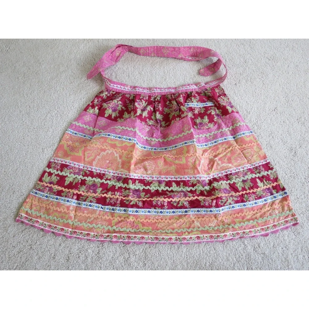 Cotton Embroidered Floral Apron 76 Inch Tie Red Pink OSFA